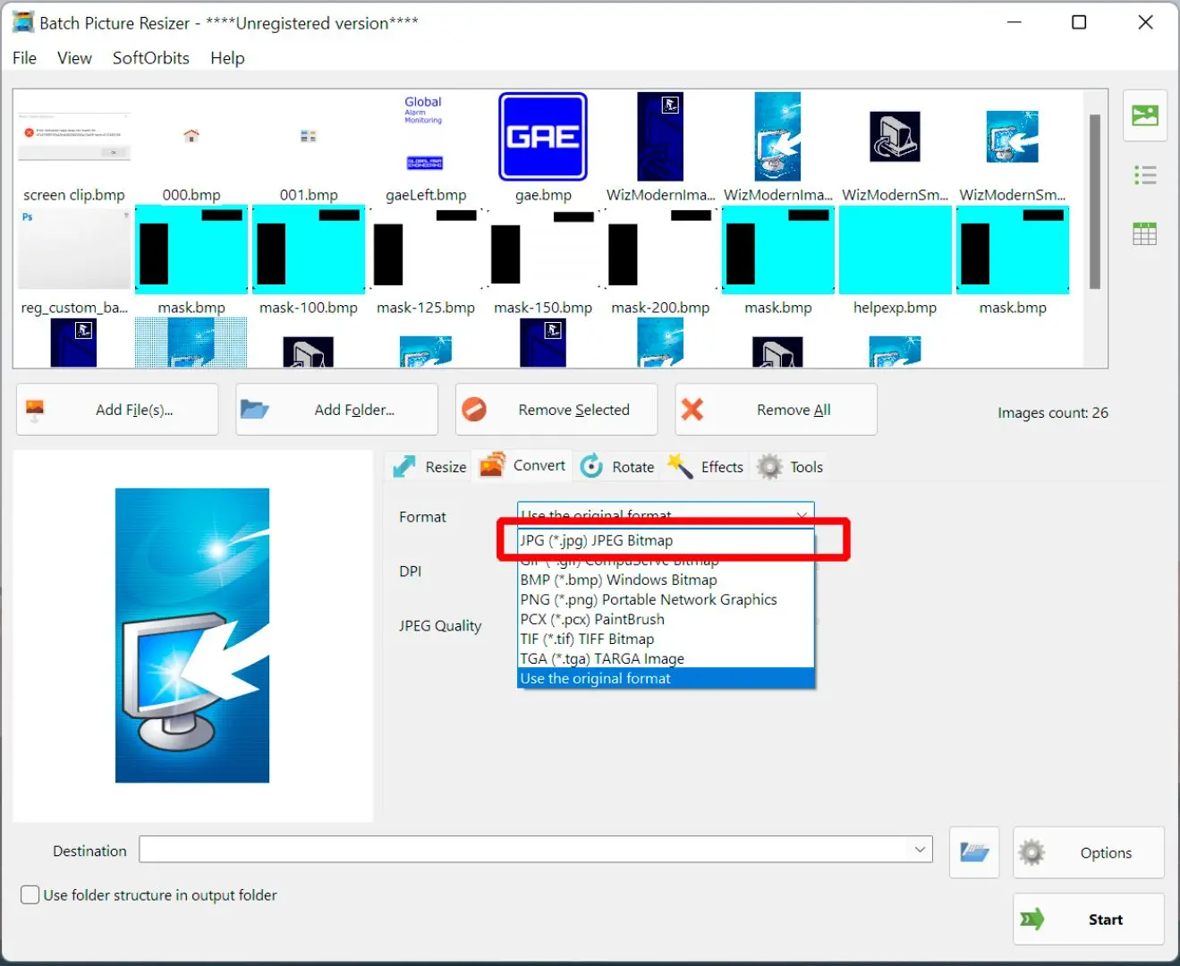 Ausgabe zu JPEG ändern..