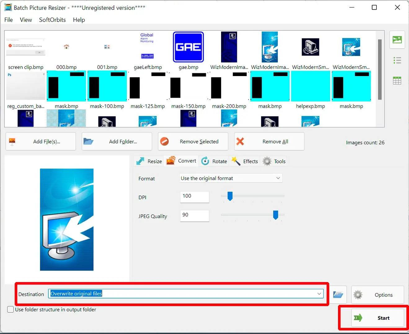 BMP zu JPEG Konvertierung starten..