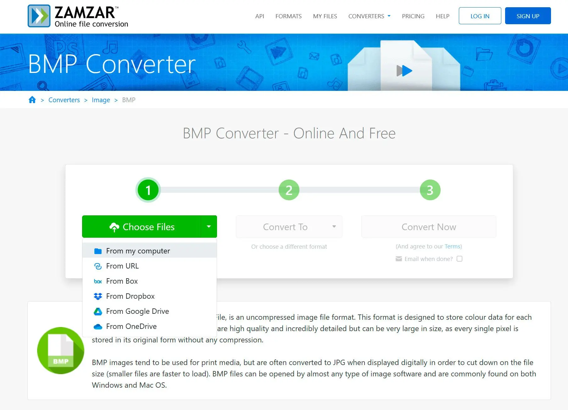 Zamzar bmp zu jpeg Konverter online..