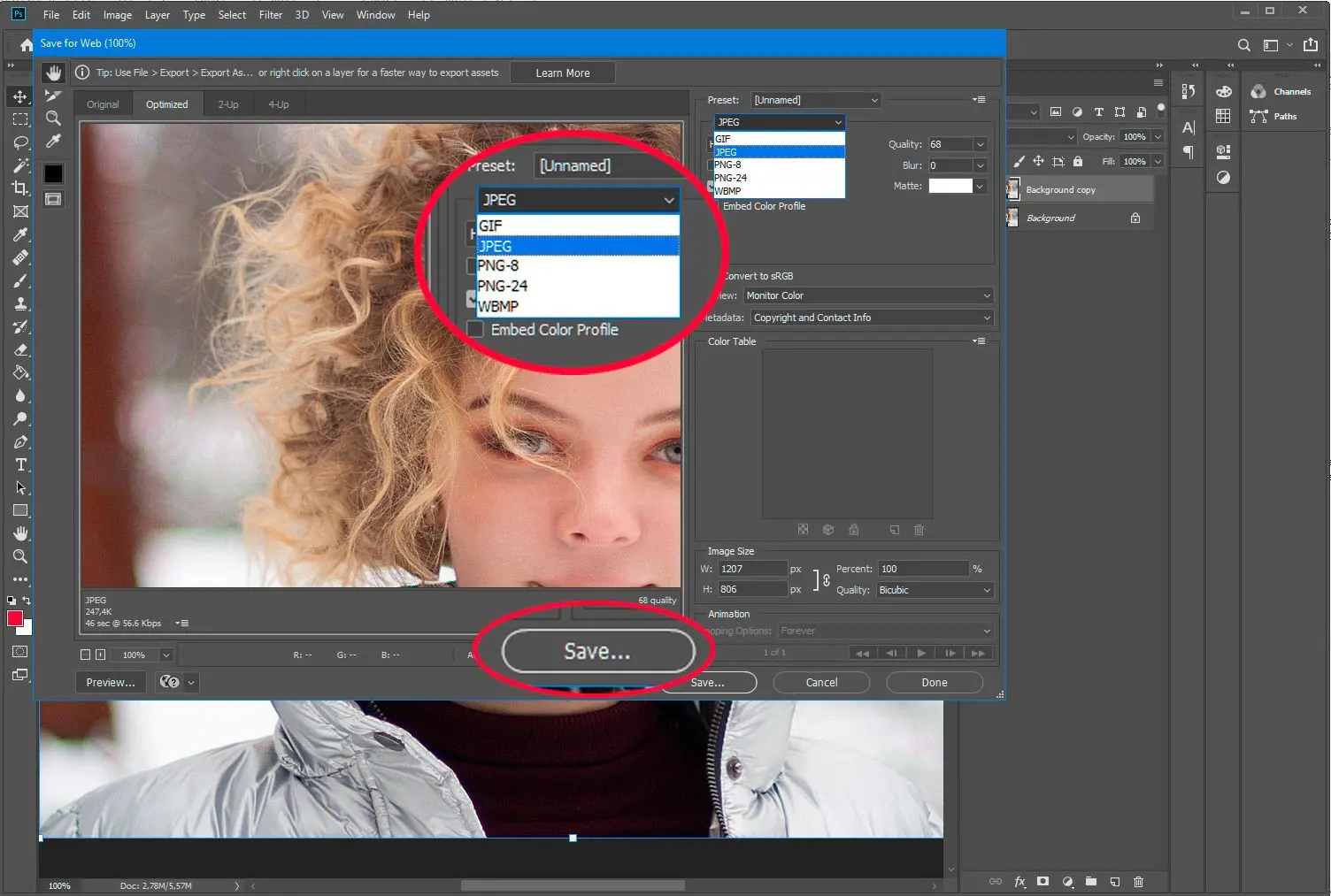Adobe Photoshop. speichern PSD für Web in jpg..