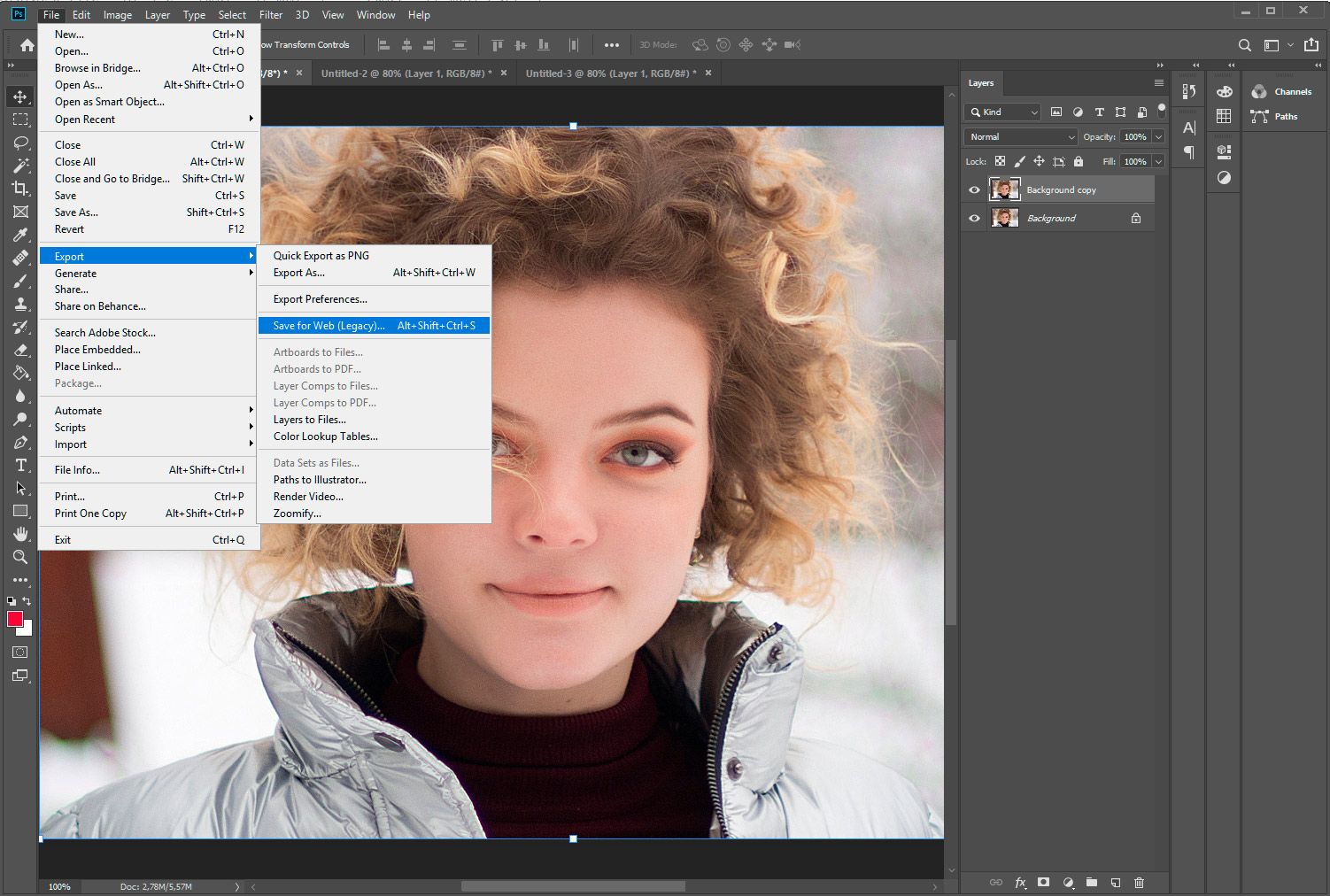 Adobe Photoshop. Wählen Sie Speichern für Web..