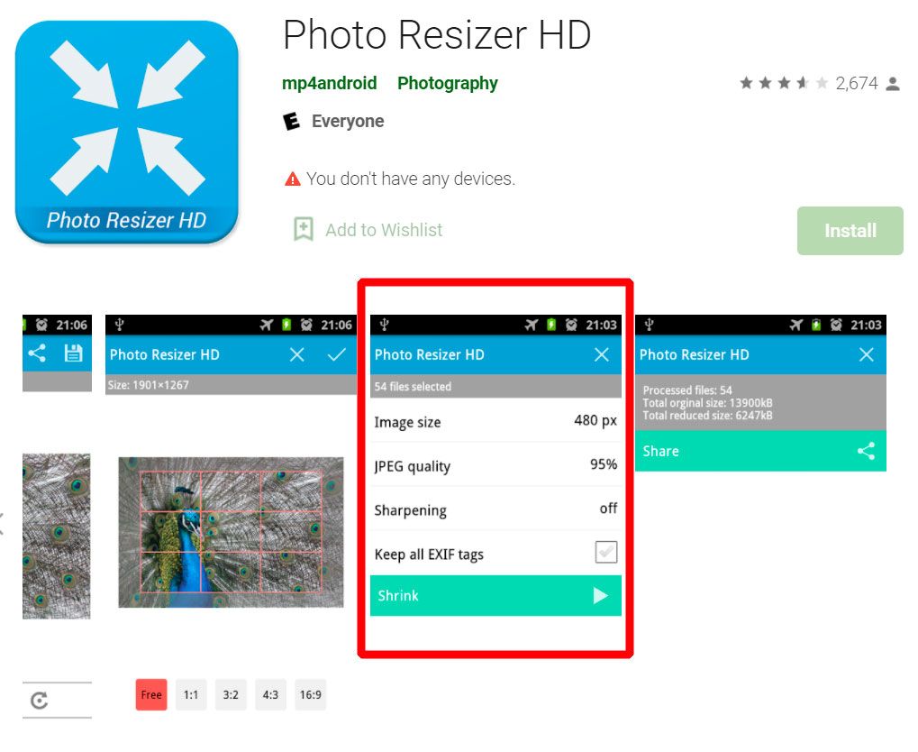 Bildgröße Konverter in KB HD Android App..
