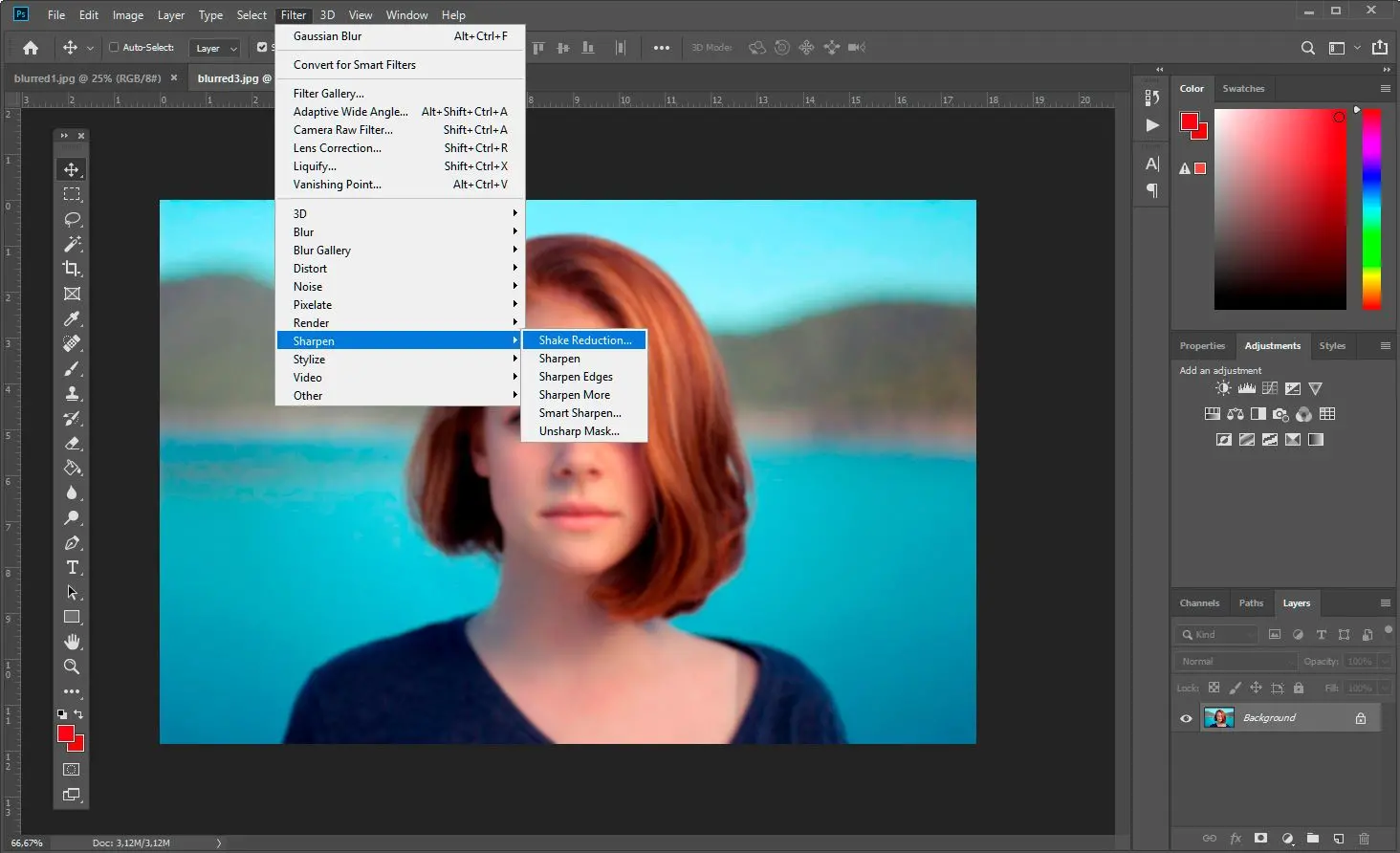 Verwacklungsreduzierung in Photoshop auswählen..