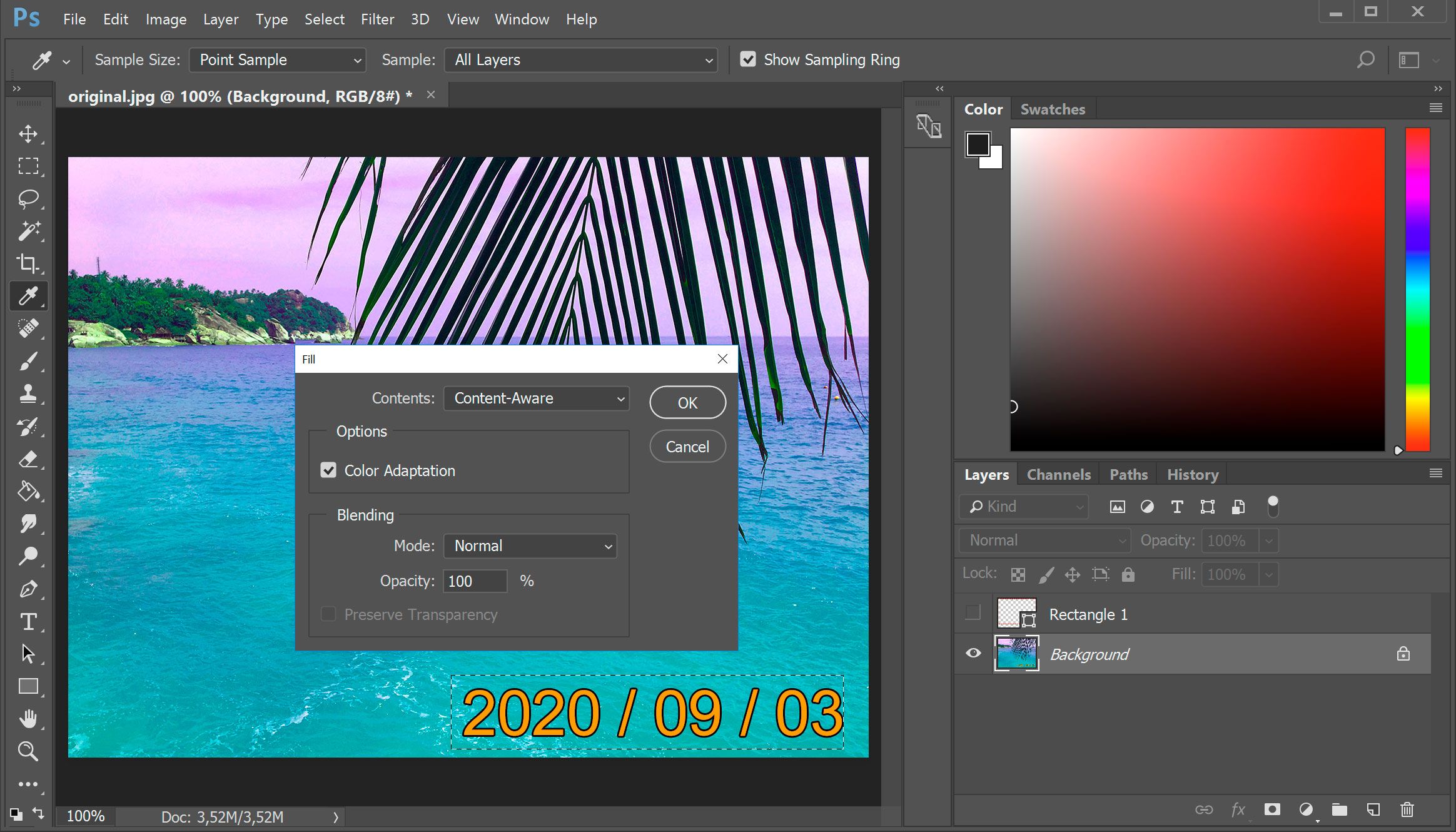 Entfernen Sie den Datumsstempel in Photoshop mit Content-Aware Fill..