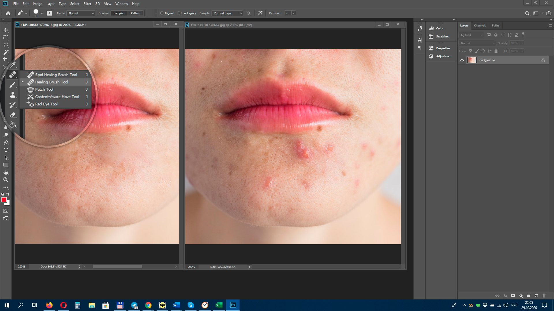 Photoshop Wasserzeichen entfernen mit Spot Healing Werkzeug..