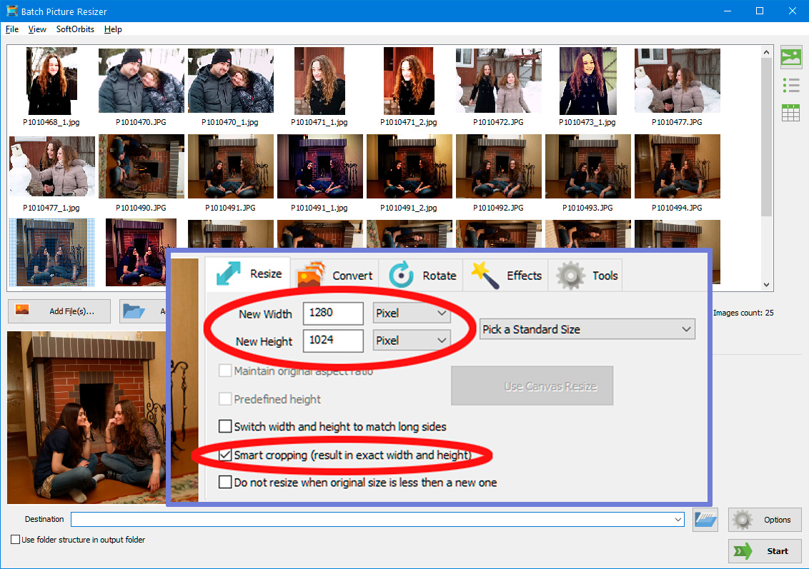 Intelligente Größenänderung für mehrere Bilder auswählen.