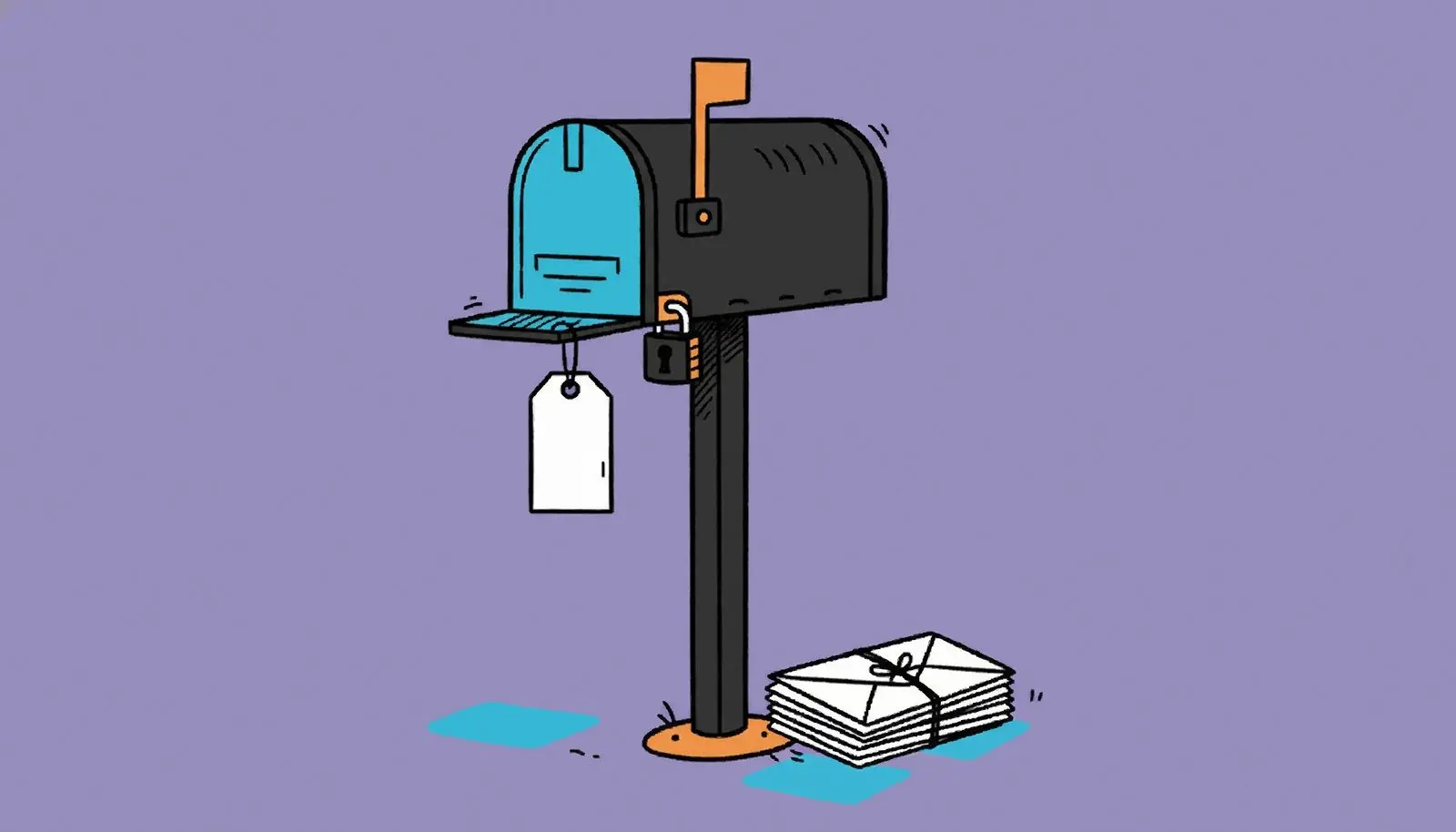 Ein geschlossener Briefkasten mit Sperrschild und einem Stapel gesicherter Briefe daneben.
