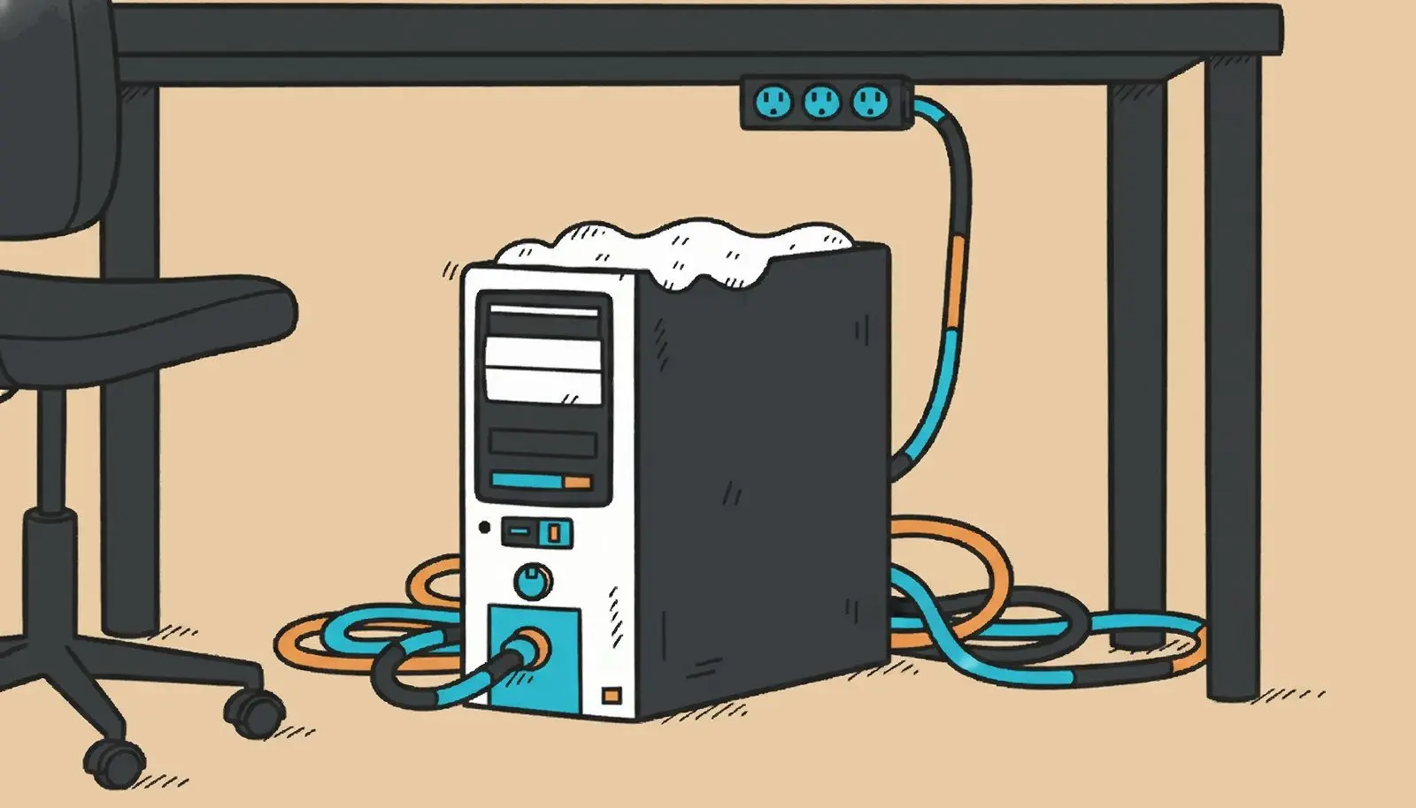 Alter PC-Tower unter dem Schreibtisch.