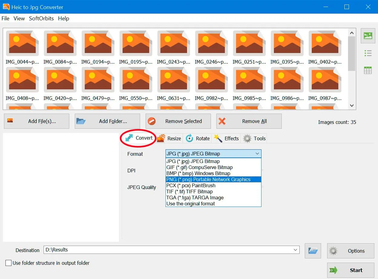 PNG als Ausgabe festlegen.