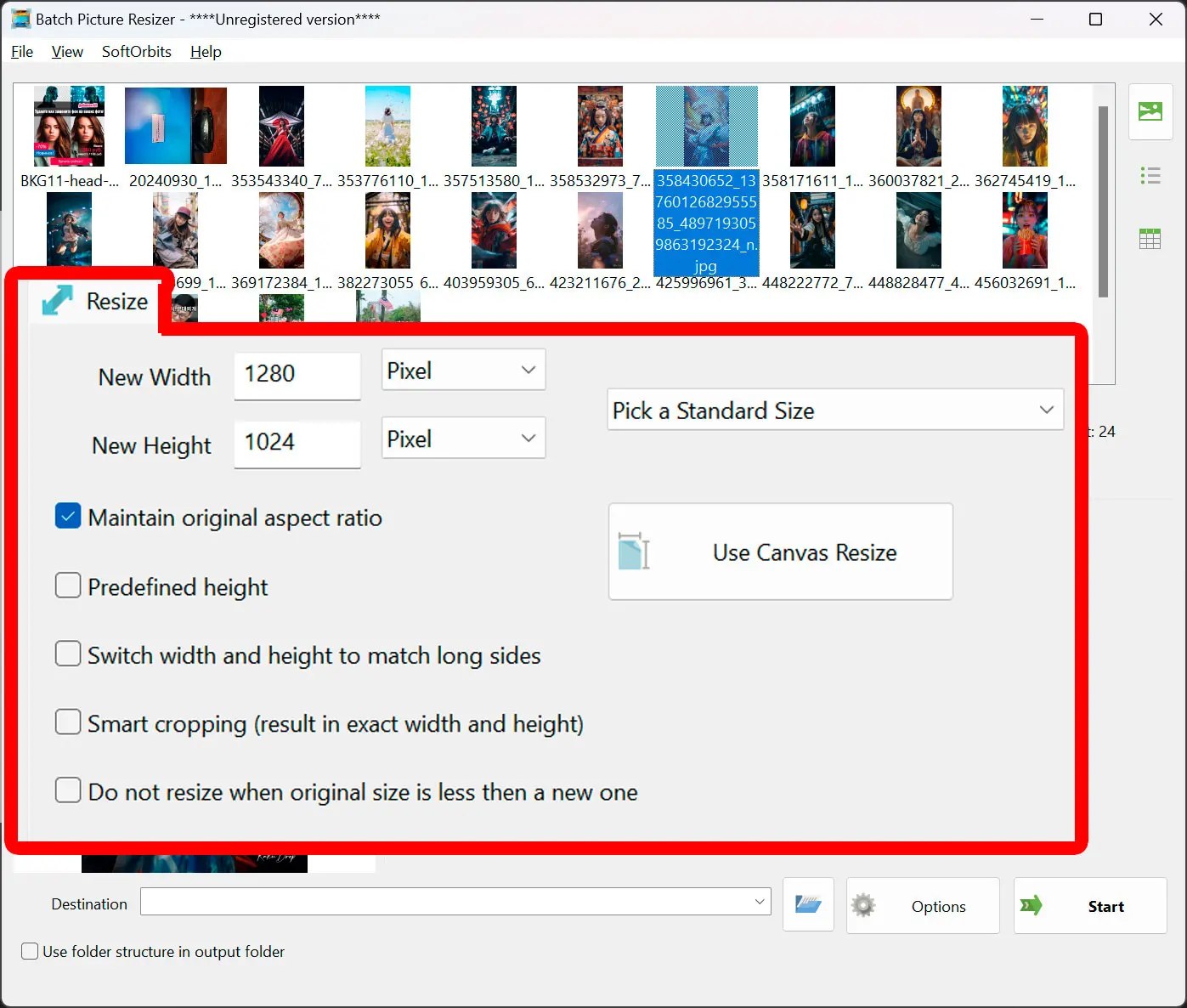 Resize-Optionen festlegen.