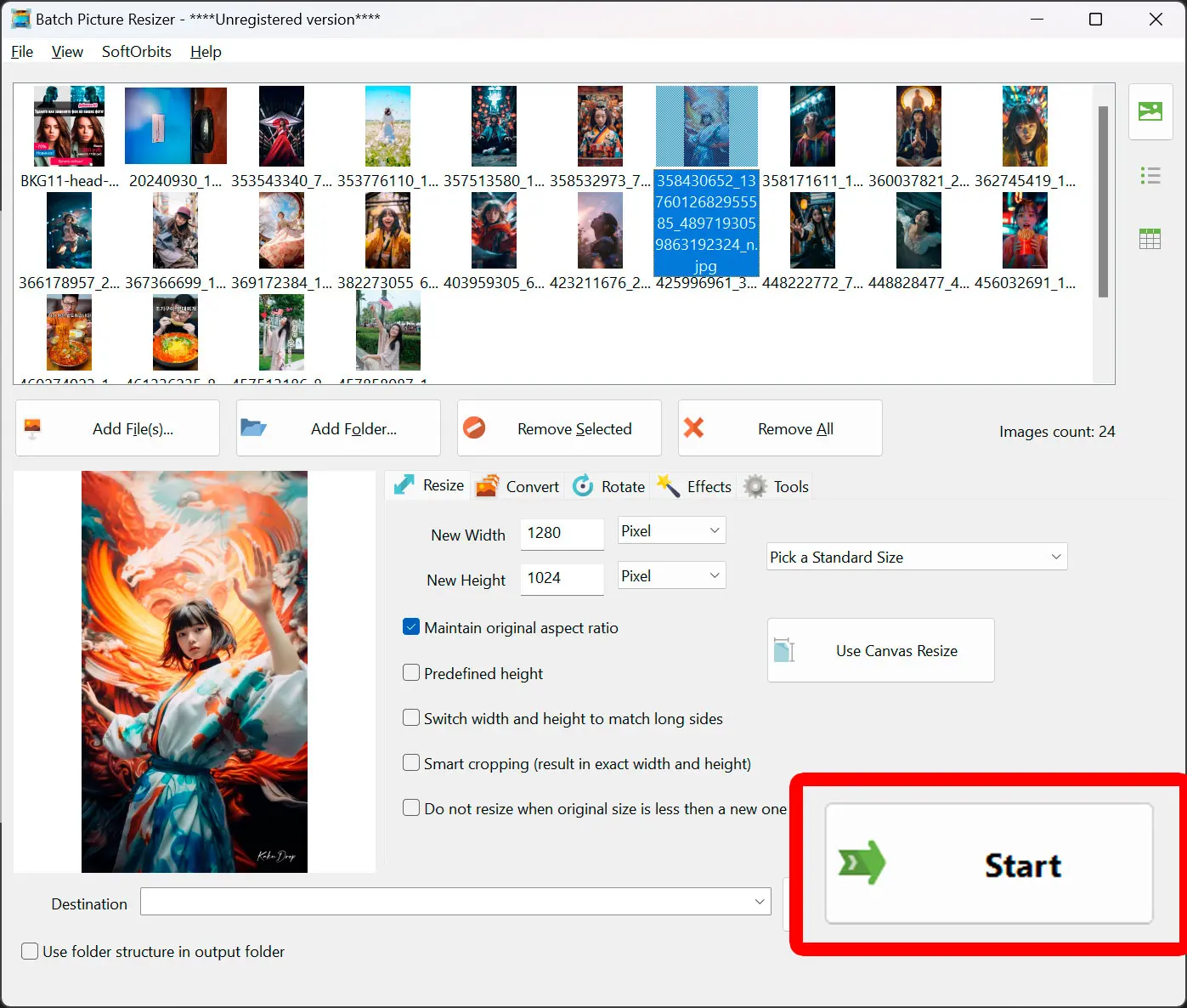 Resize-Prozess starten.