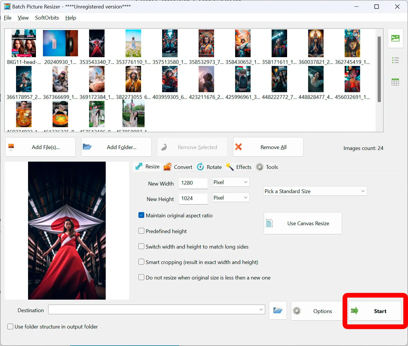 Starten Sie den Größenänderungsprozess.