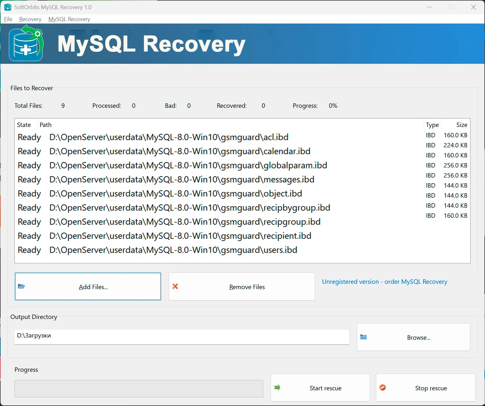 Datenbankdateien hinzufügen.