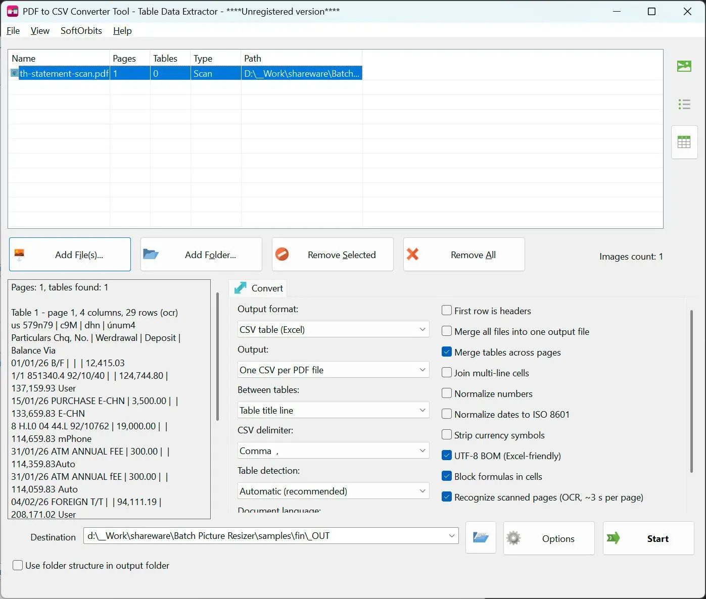 PDF to CSV Converter Screenshot.