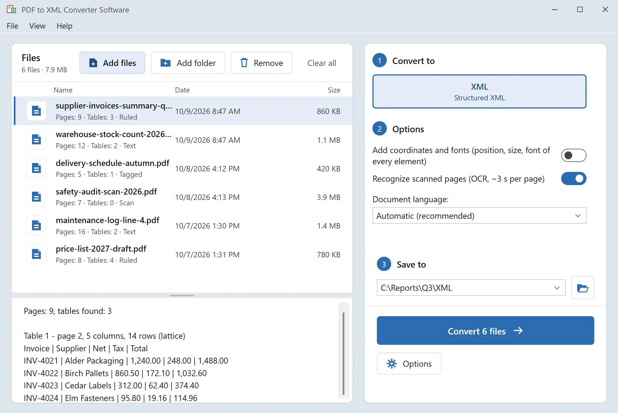 PDF to XML Converter Software Screenshot.