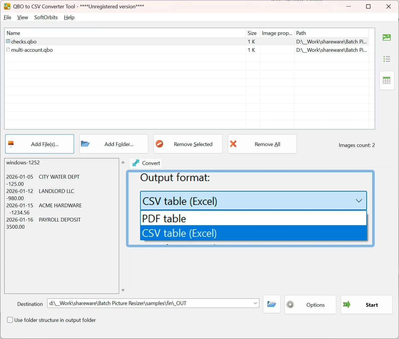CSV als Ausgabeformat wählen.