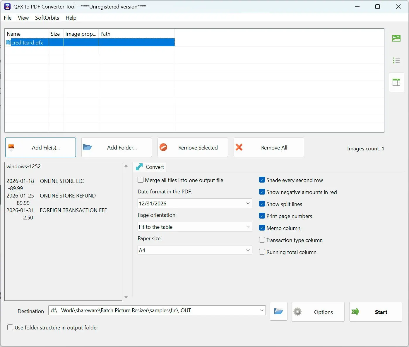 QFX to PDF Converter Screenshot.