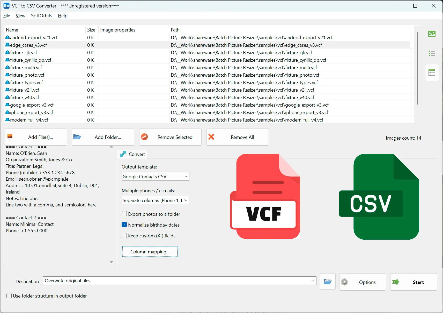 VCF to CSV Converter Software Screenshot.
