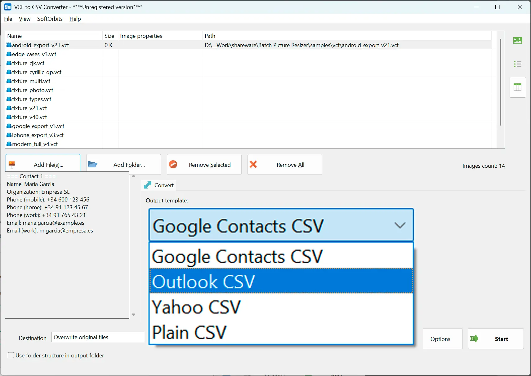 CSV-Voreinstellung und Optionen wählen.