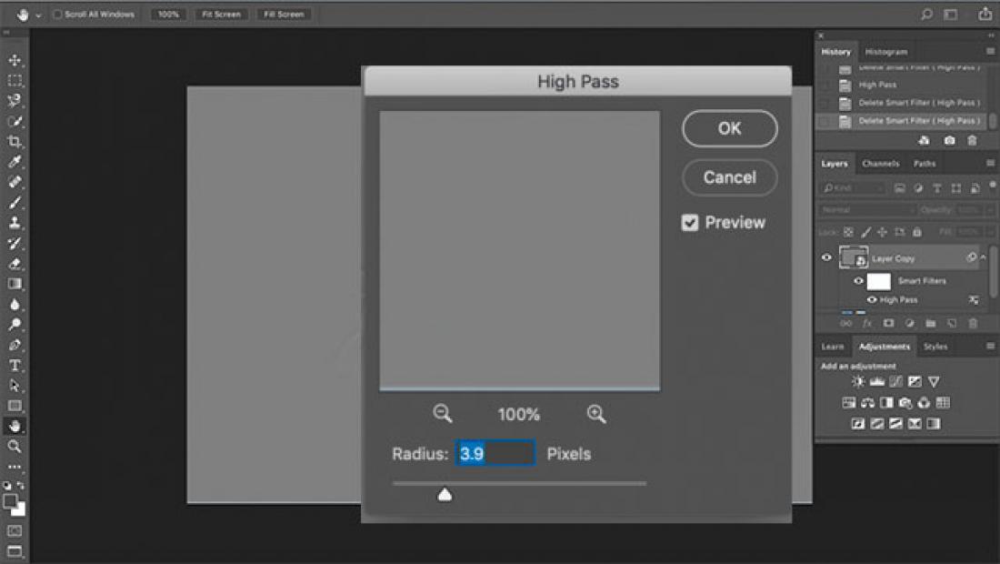 Unschärfe in Photoshop mit Hochpassfilter.